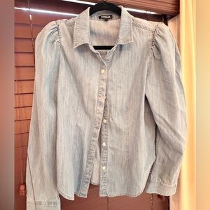 Express Pale Blue Denim Button-Front Shirt with Puff Shoulders